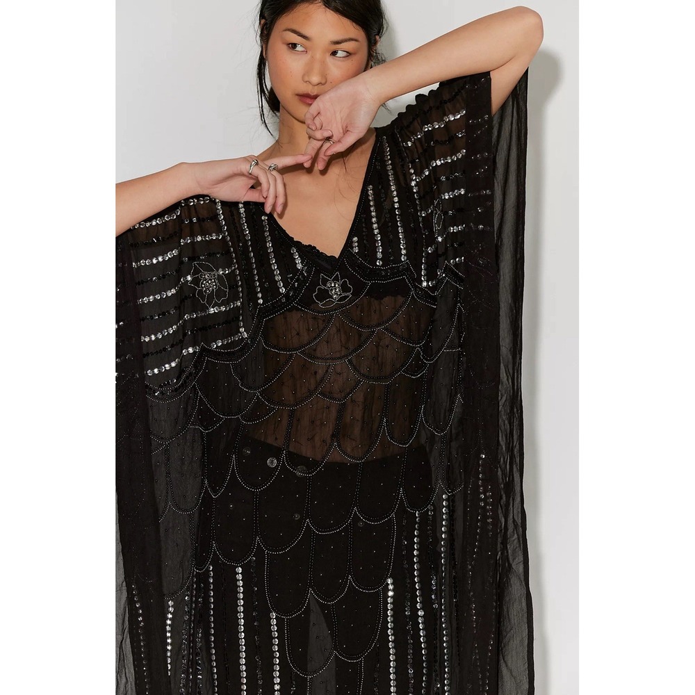 NWT Free People End Of The Night Embellished Duster Kaftan Dress Witchy Boho OS - Picture 3 of 10